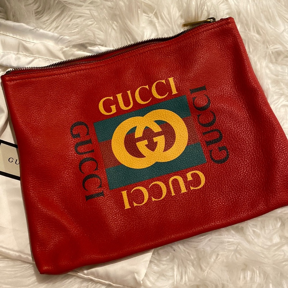 Gucci Logo Portfolio Pouch Printed Leather Medium